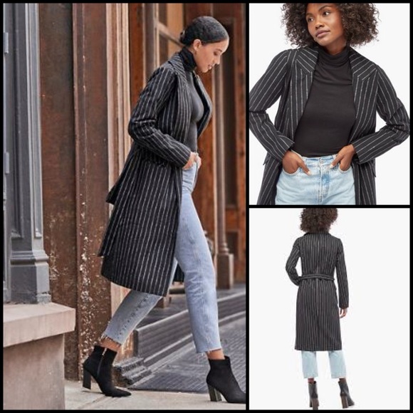 Justfab Pinstripe Faux Wool Chic Black Robe Tie Waist Office Mob Wife Coat XXL - Picture 1 of 16